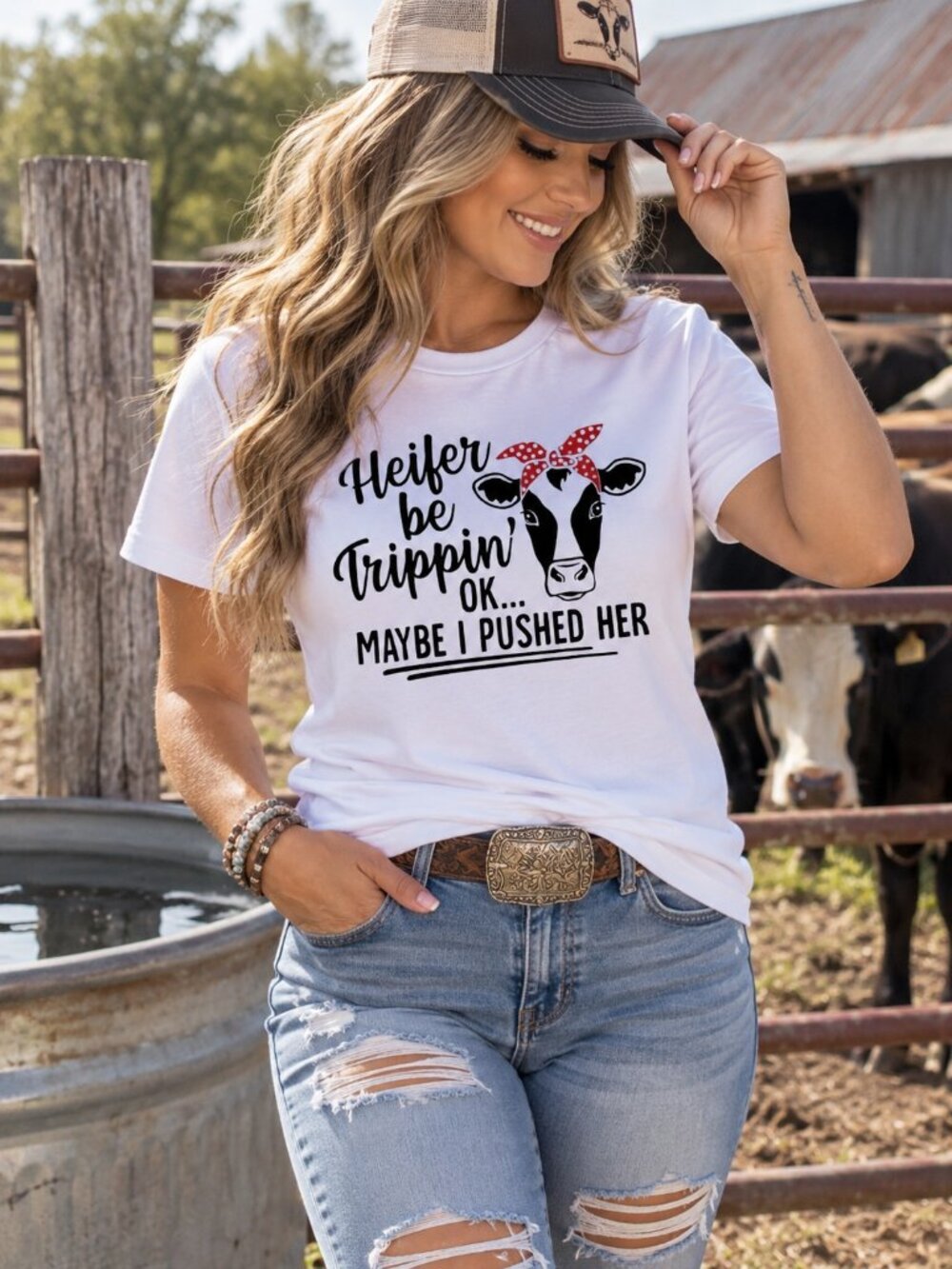 Heifer Be Trippin Cow Graphic TShirt Trendy Boutique Style Tee Womens Gift White